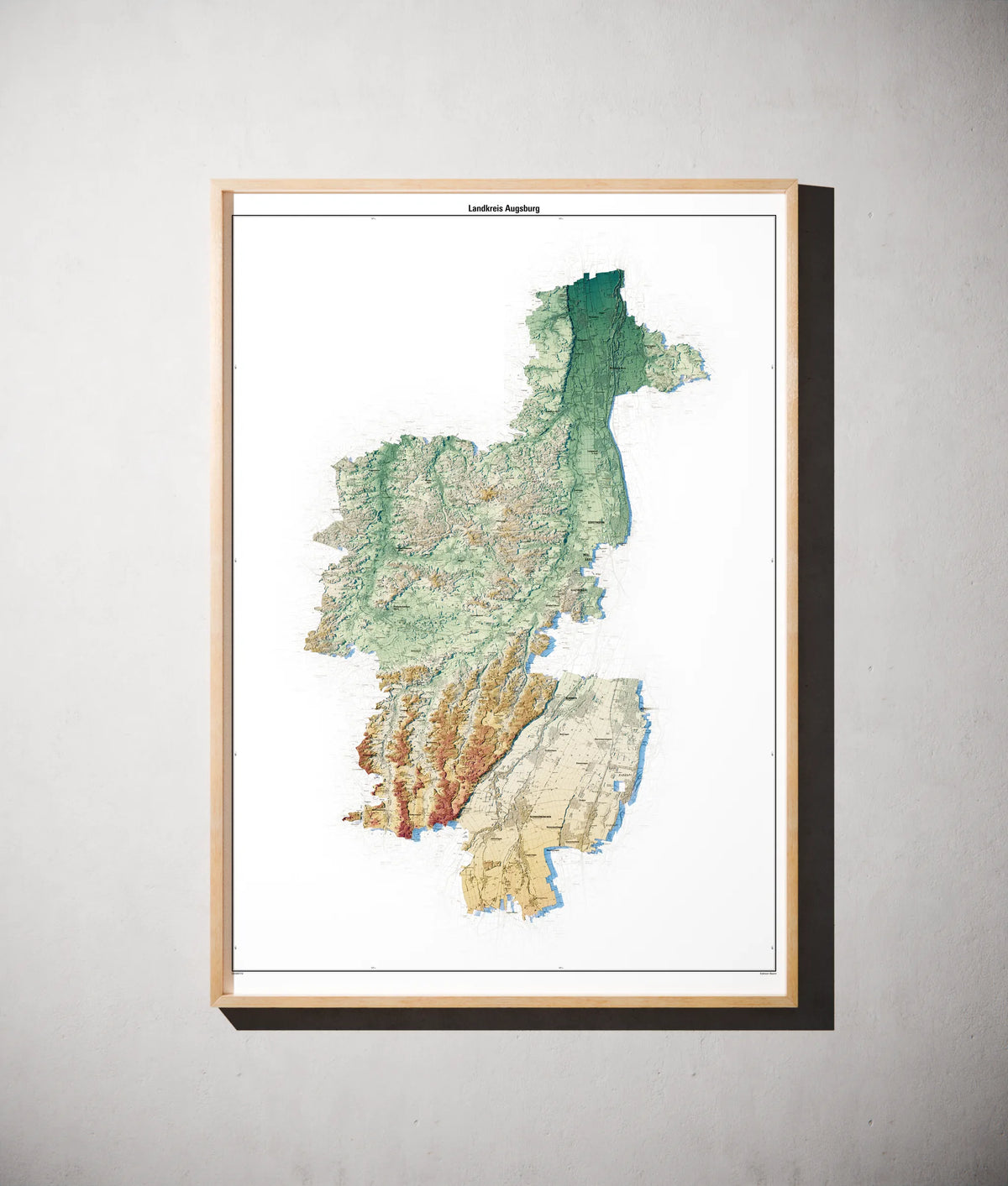 Landkreis Augsburg Poster als schattierte Reliefkarte, Farbvariante Petrol, gerahmt an einer Wand #c2