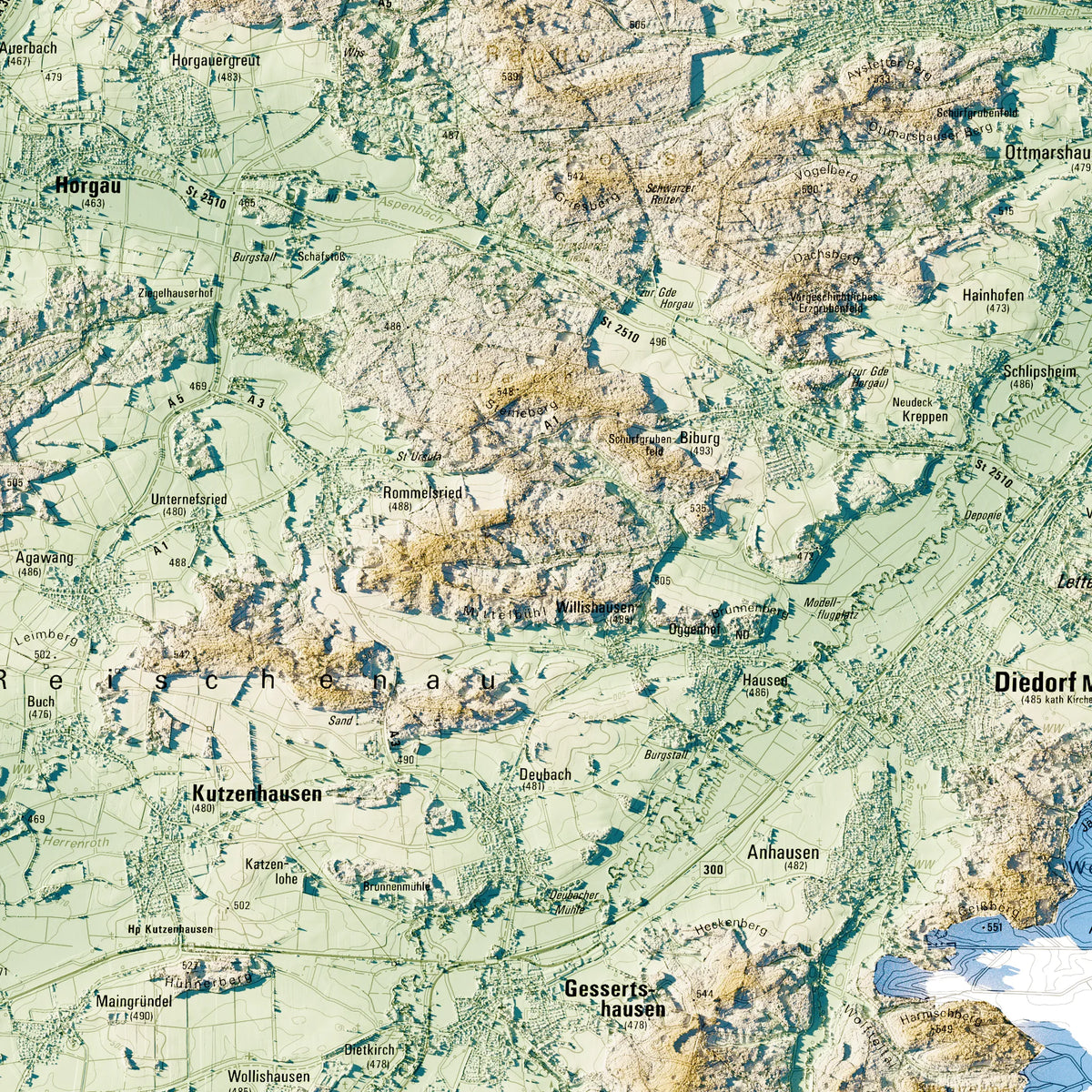 Landkreis Augsburg Poster, Detailansicht der Reliefkarte in der Farbvariante Petrol #c2