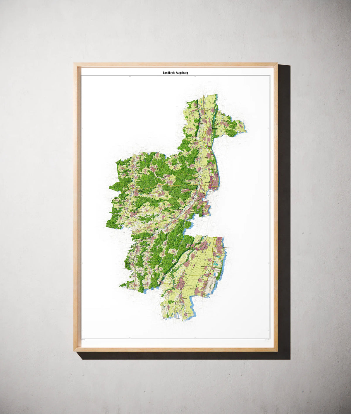Landkreis Augsburg Poster als schattierte Reliefkarte, Farbvariante Topographisch, gerahmt an einer Wand #dtk