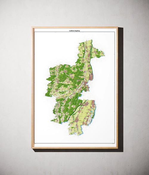 Landkreis Augsburg Poster als schattierte Reliefkarte, Farbvariante Topographisch, gerahmt an einer Wand #dtk