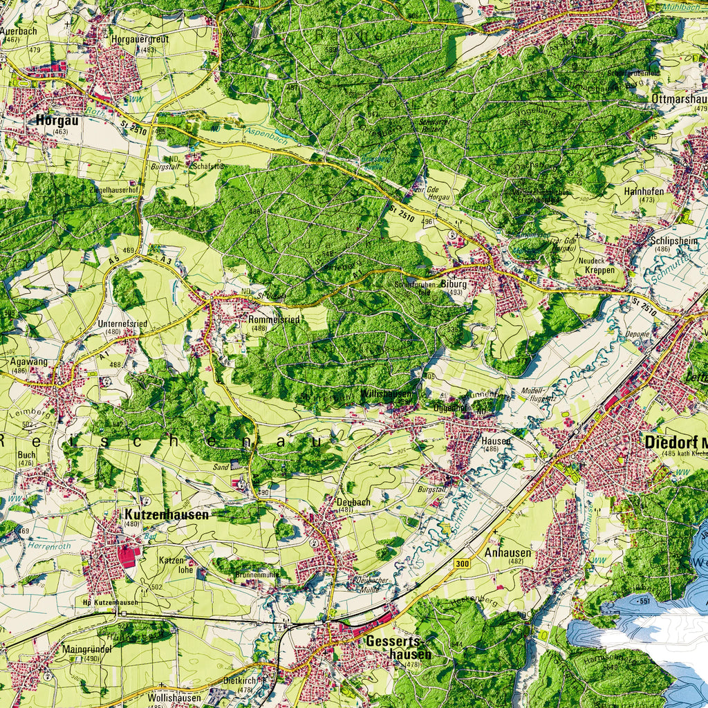 Landkreis Augsburg Poster, Detailansicht der Reliefkarte in der Farbvariante Topographisch #dtk