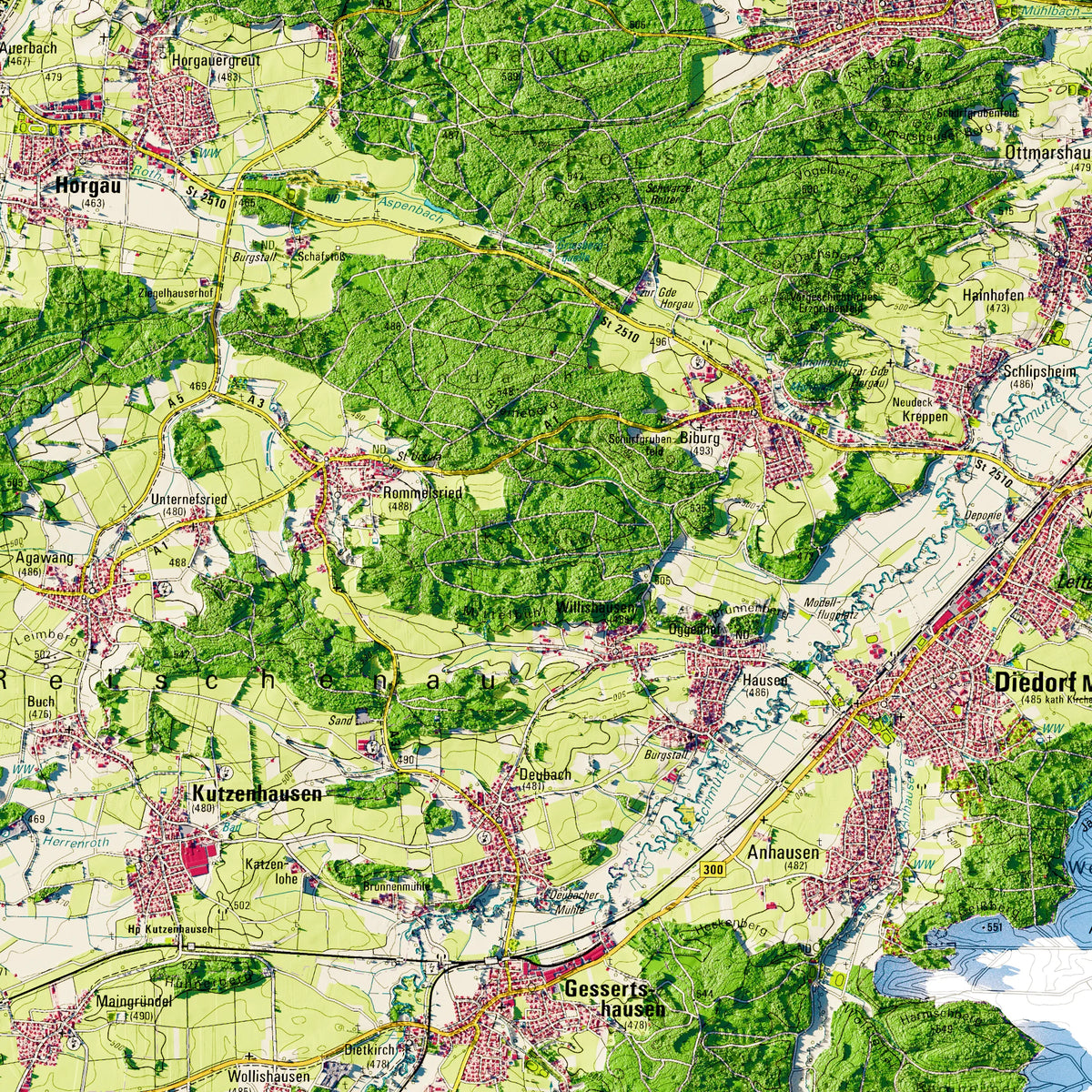 Landkreis Augsburg Poster, Detailansicht der Reliefkarte in der Farbvariante Topographisch #dtk