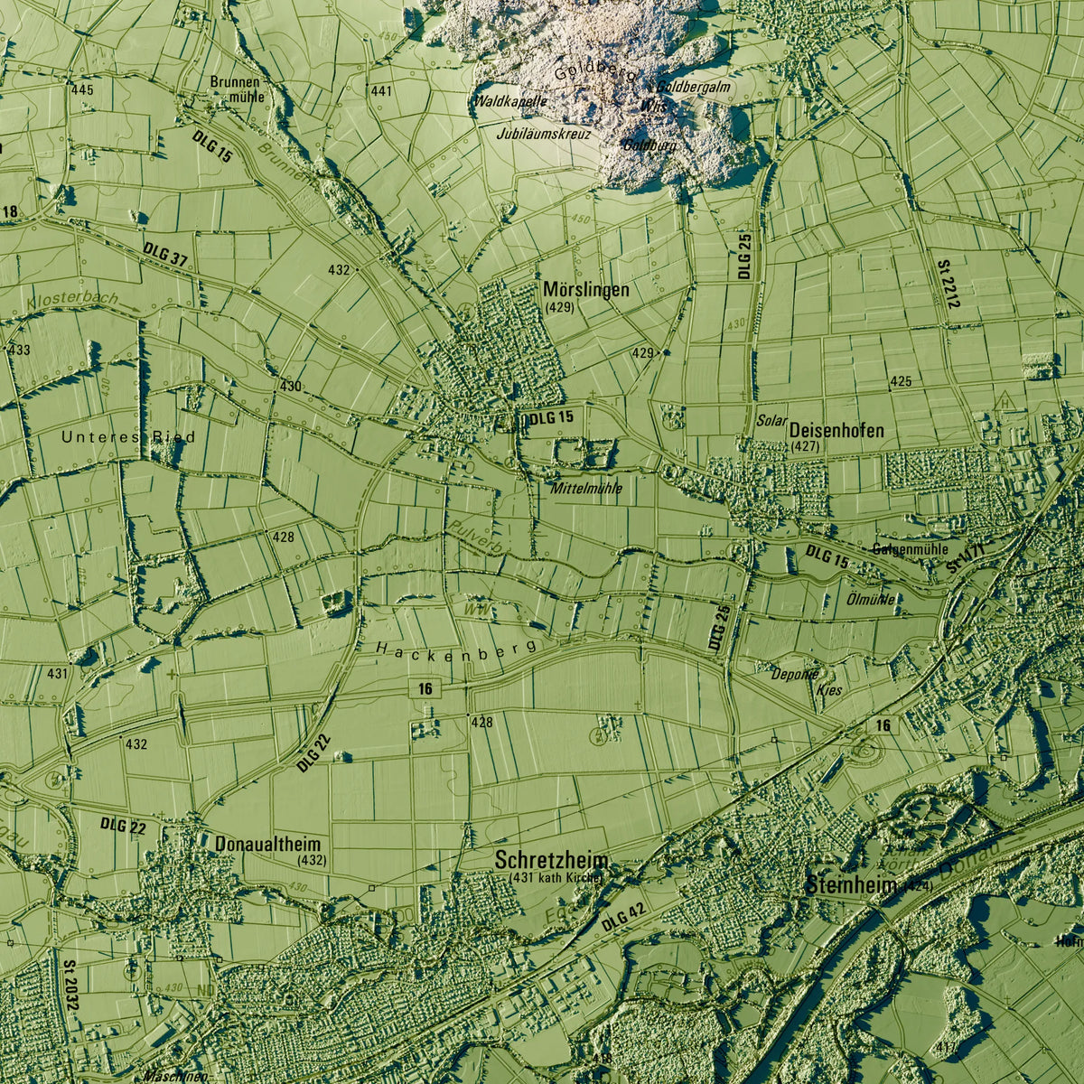 Landkreis Dillingen a.d.Donau Poster, Detailansicht der Reliefkarte in der Farbvariante Salbei #c1
