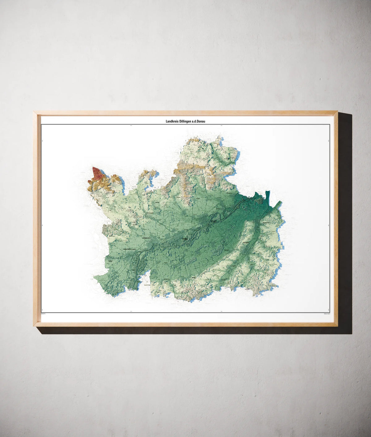 Landkreis Dillingen a.d.Donau Poster als schattierte Reliefkarte, Farbvariante Petrol, gerahmt an einer Wand #c2