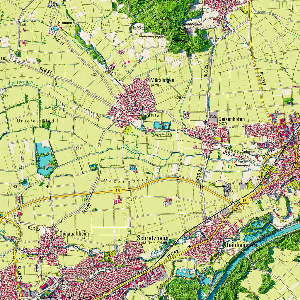 Landkreis Dillingen a.d.Donau Poster, Detailansicht der Reliefkarte in der Farbvariante Topographisch #dtk
