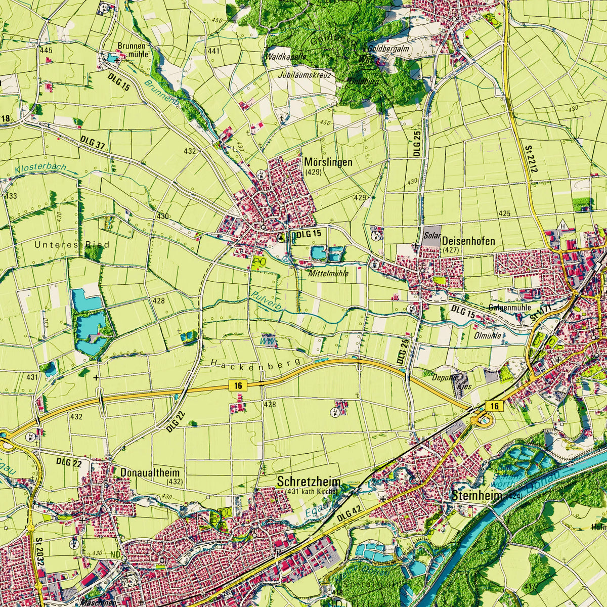 Landkreis Dillingen a.d.Donau Poster, Detailansicht der Reliefkarte in der Farbvariante Topographisch #dtk