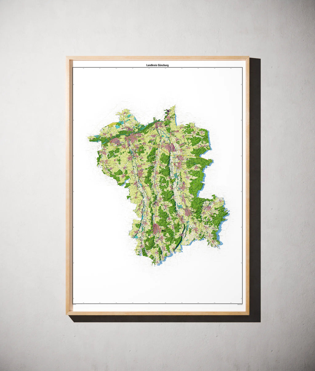 Landkreis Günzburg Poster als schattierte Reliefkarte, Farbvariante Topographisch, gerahmt an einer Wand #dtk