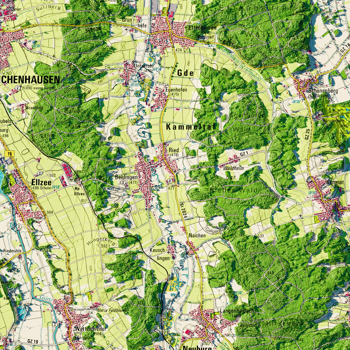 Landkreis Günzburg Poster, Detailansicht der Reliefkarte in der Farbvariante Topographisch #dtk