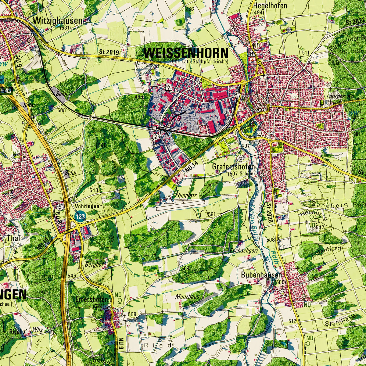 Landkreis Neu-Ulm Poster, Detailansicht der Reliefkarte in der Farbvariante Topographisch #dtk