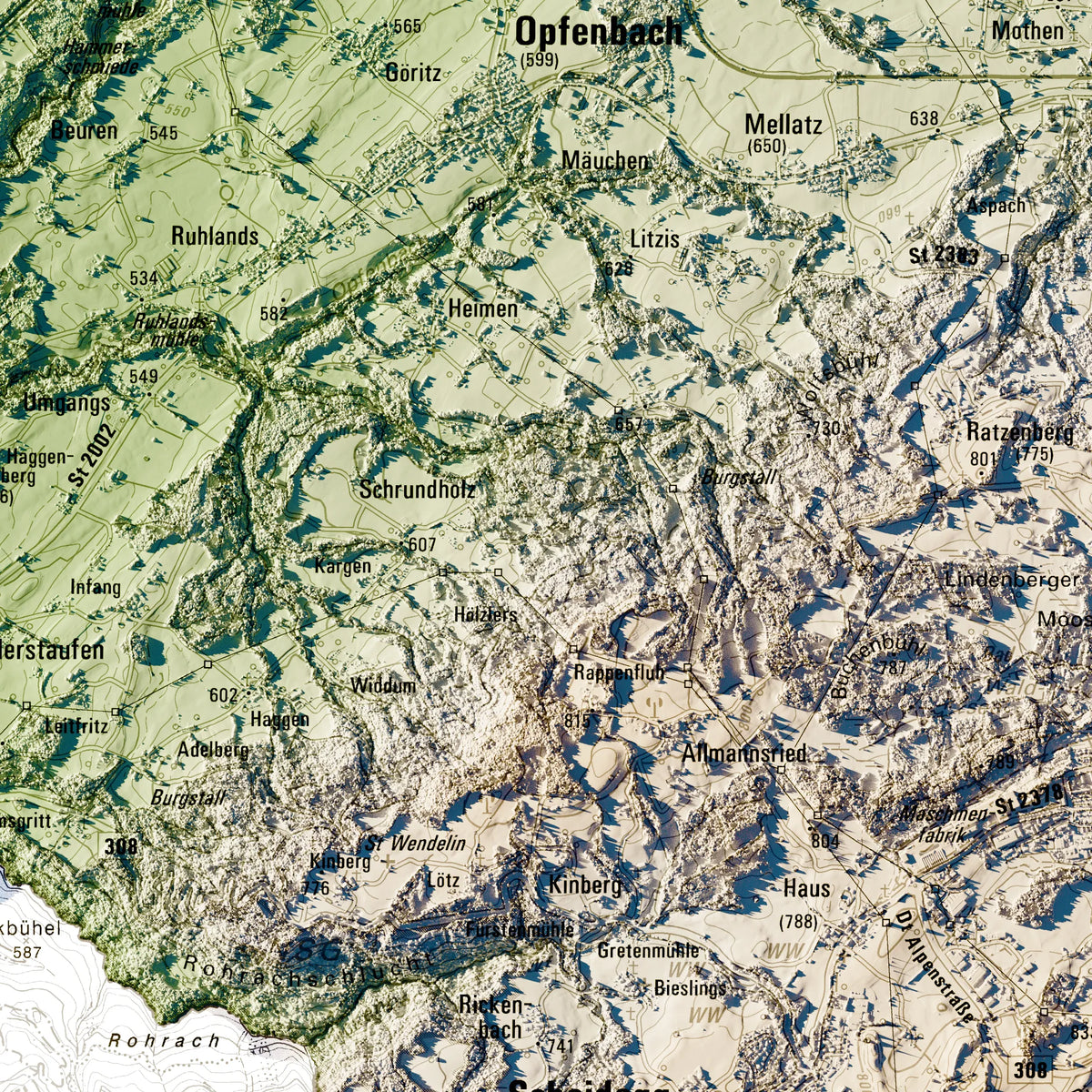 Landkreis Lindau (Bodensee) Poster, Detailansicht der Reliefkarte in der Farbvariante Salbei #c1