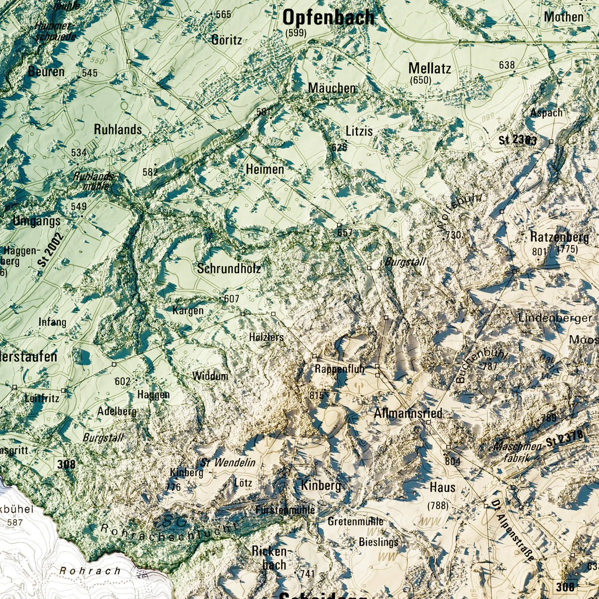 Landkreis Lindau (Bodensee) Poster, Detailansicht der Reliefkarte in der Farbvariante Petrol #c2
