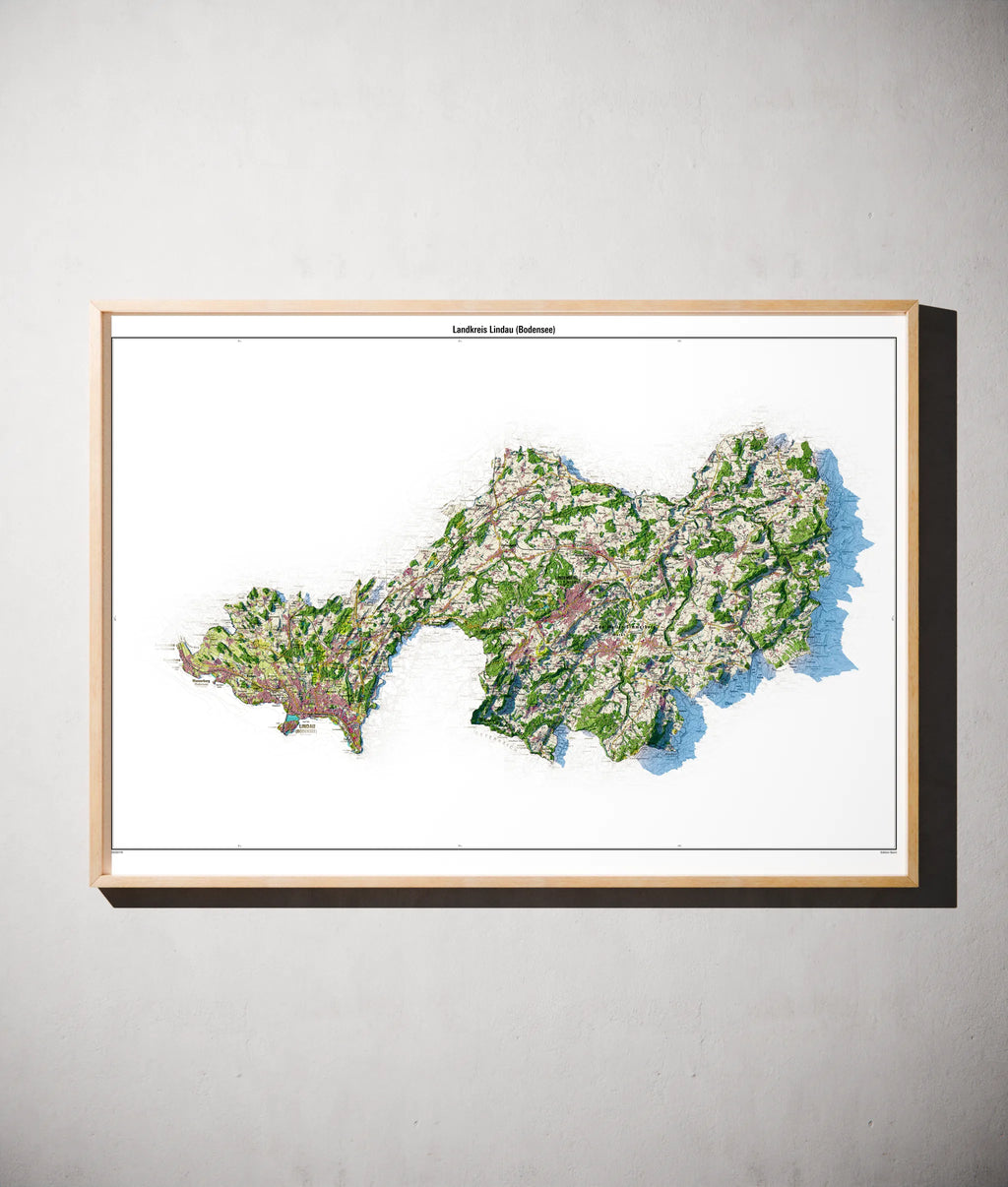 Landkreis Lindau (Bodensee) Poster als schattierte Reliefkarte, Farbvariante Topographisch, gerahmt an einer Wand #dtk