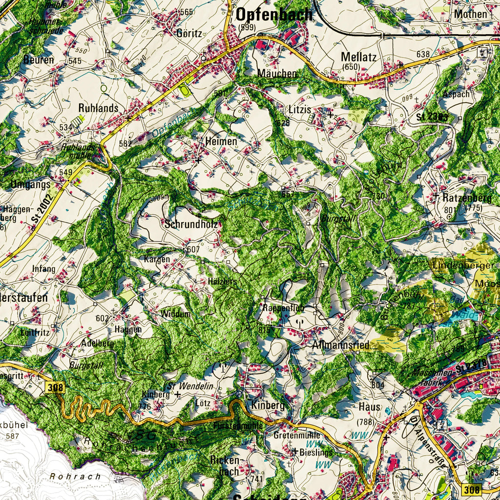 Landkreis Lindau (Bodensee) Poster, Detailansicht der Reliefkarte in der Farbvariante Topographisch #dtk