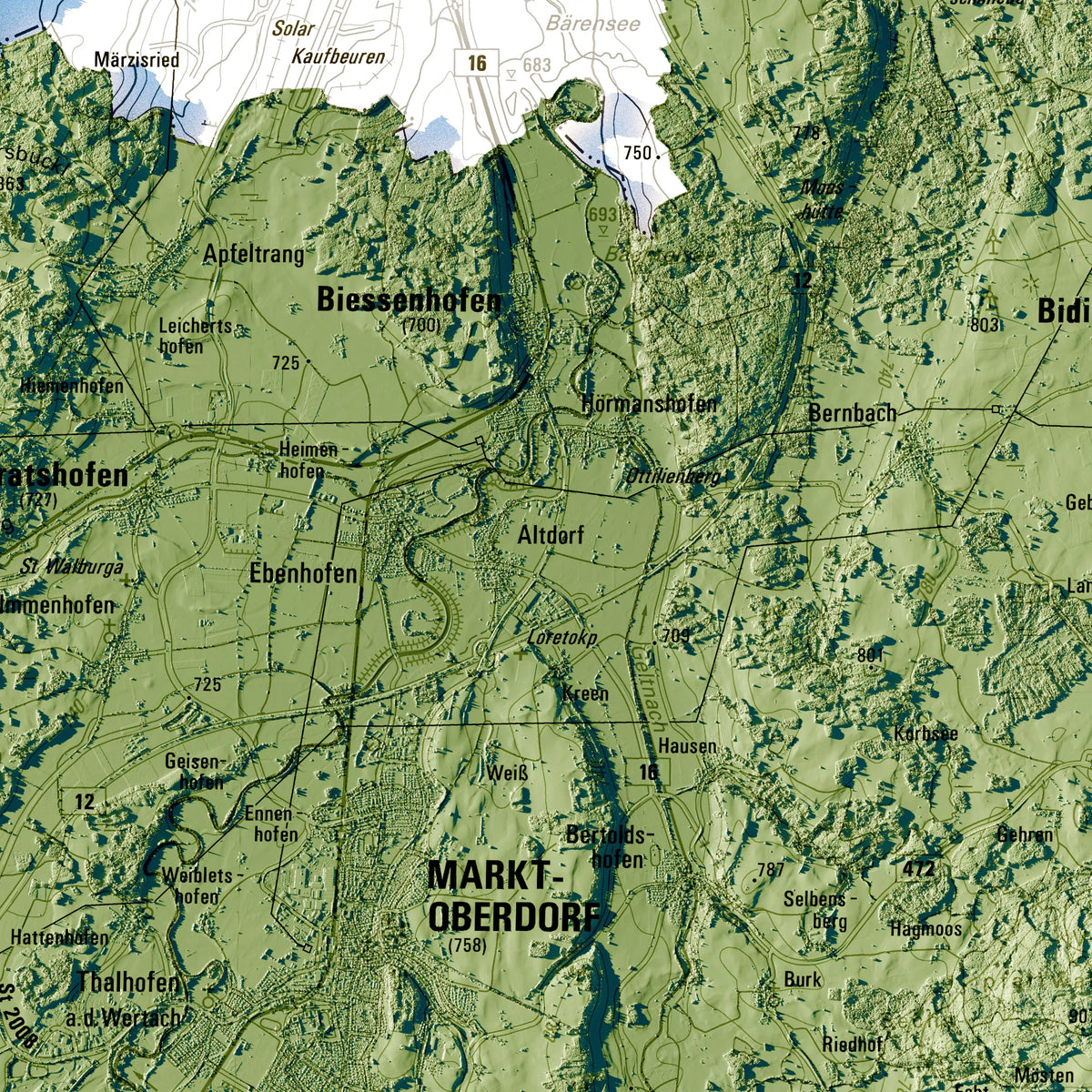 Landkreis Ostallgäu Poster, Detailansicht der Reliefkarte in der Farbvariante Salbei #c1