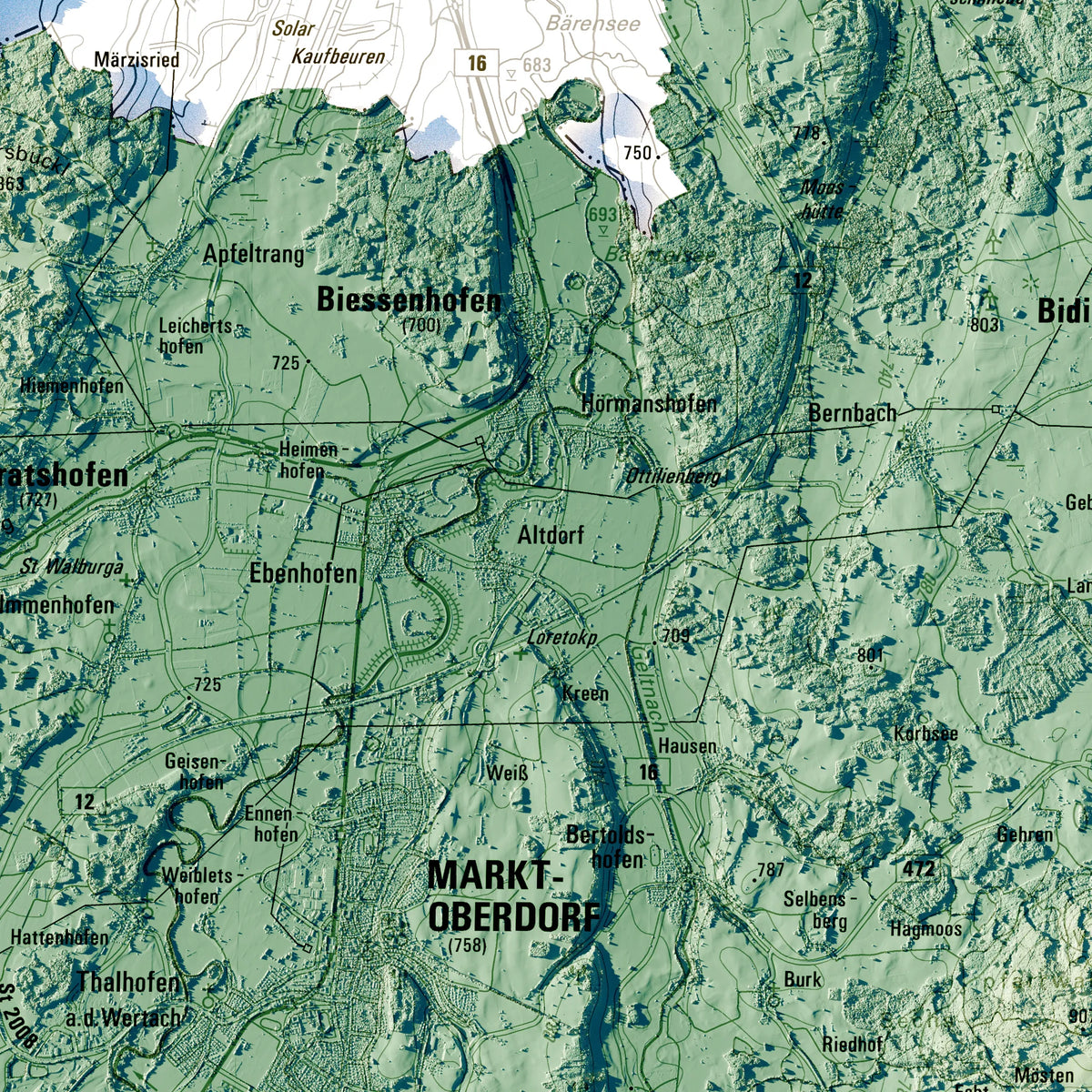 Landkreis Ostallgäu Poster, Detailansicht der Reliefkarte in der Farbvariante Petrol #c2