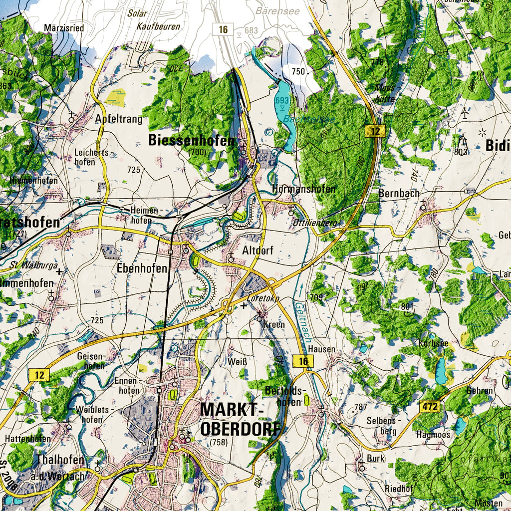 Landkreis Ostallgäu Poster, Detailansicht der Reliefkarte in der Farbvariante Topographisch #dtk