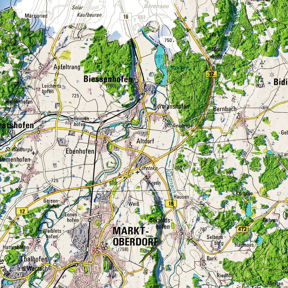 Landkreis Ostallgäu Poster, Detailansicht der Reliefkarte in der Farbvariante Topographisch #dtk