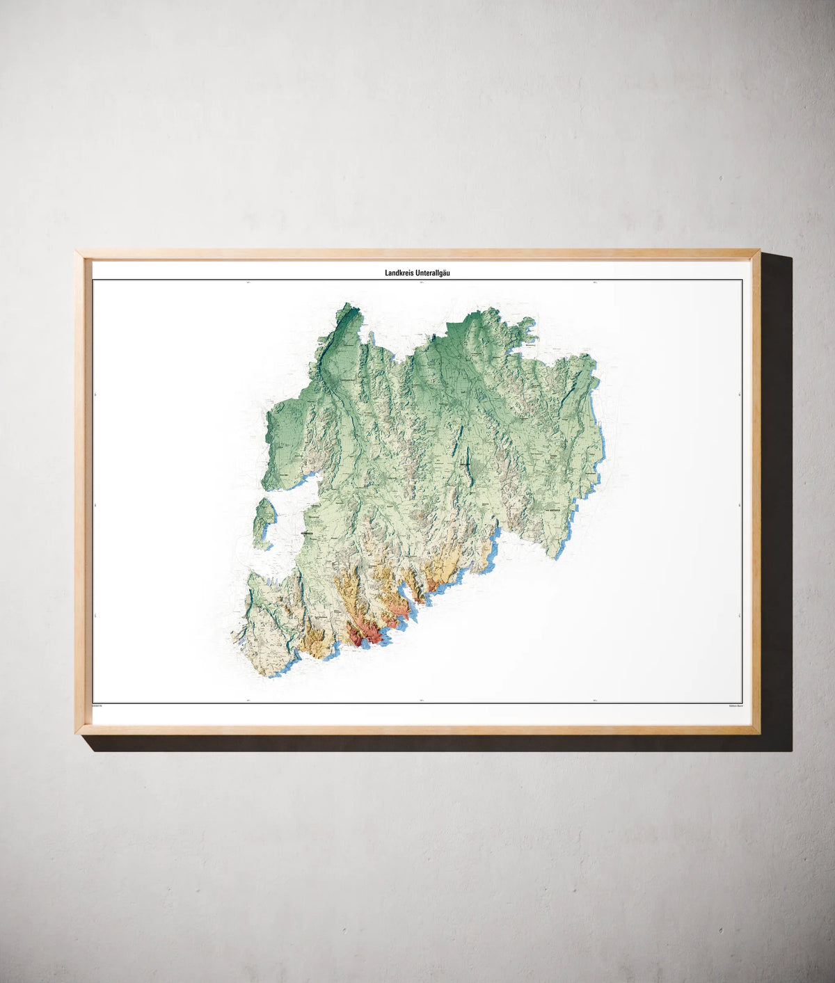 Landkreis Unterallgäu Poster als schattierte Reliefkarte, Farbvariante Petrol, gerahmt an einer Wand #c2