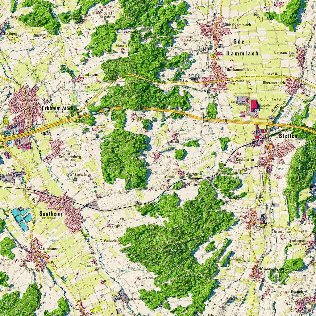 Landkreis Unterallgäu Poster, Detailansicht der Reliefkarte in der Farbvariante Topographisch #dtk