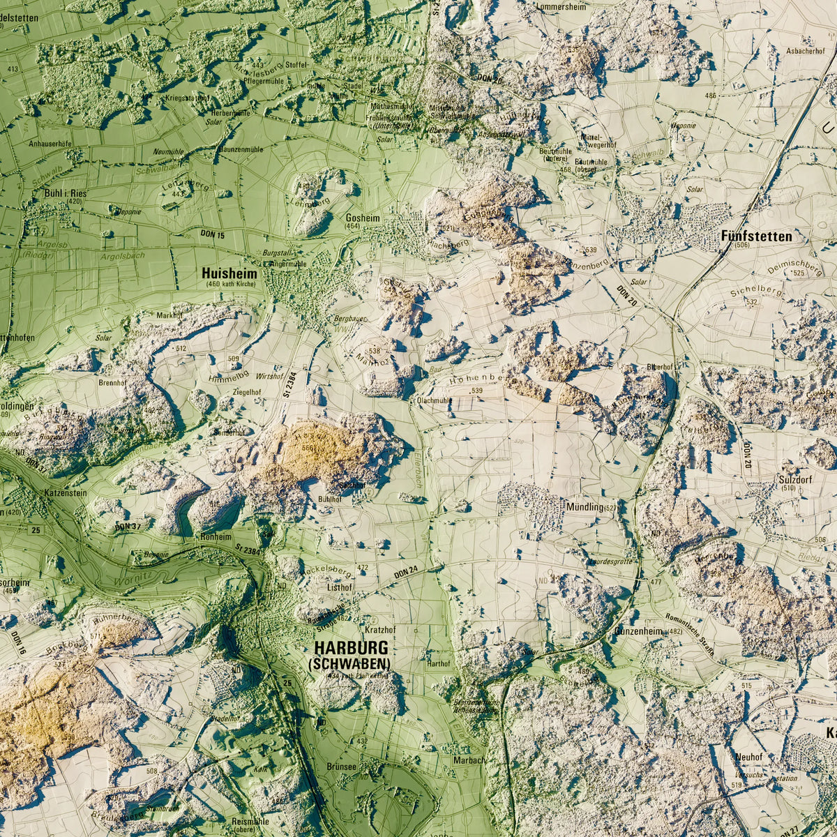 Landkreis Donau-Ries Poster, Detailansicht der Reliefkarte in der Farbvariante Salbei #c1