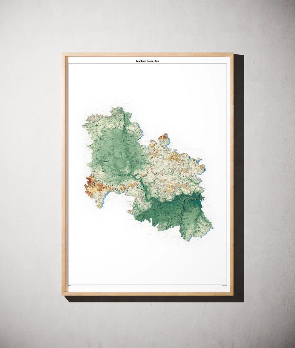 Landkreis Donau-Ries Poster als schattierte Reliefkarte, Farbvariante Petrol, gerahmt an einer Wand #c2