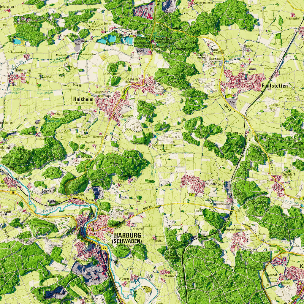 Landkreis Donau-Ries Poster, Detailansicht der Reliefkarte in der Farbvariante Topographisch #dtk