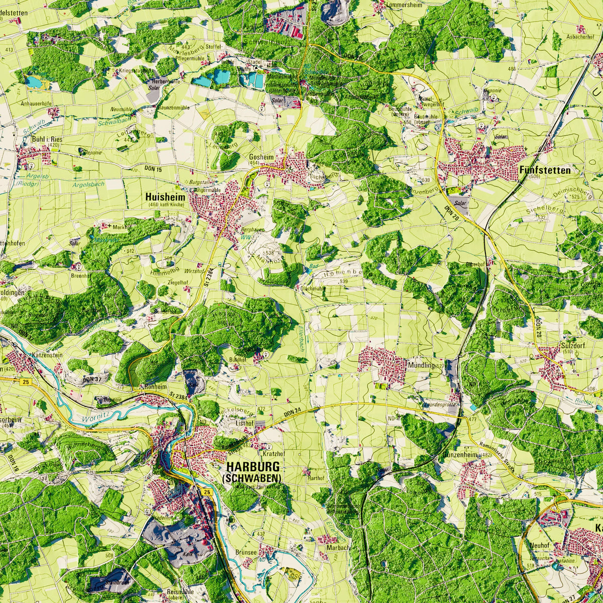 Landkreis Donau-Ries Poster, Detailansicht der Reliefkarte in der Farbvariante Topographisch #dtk