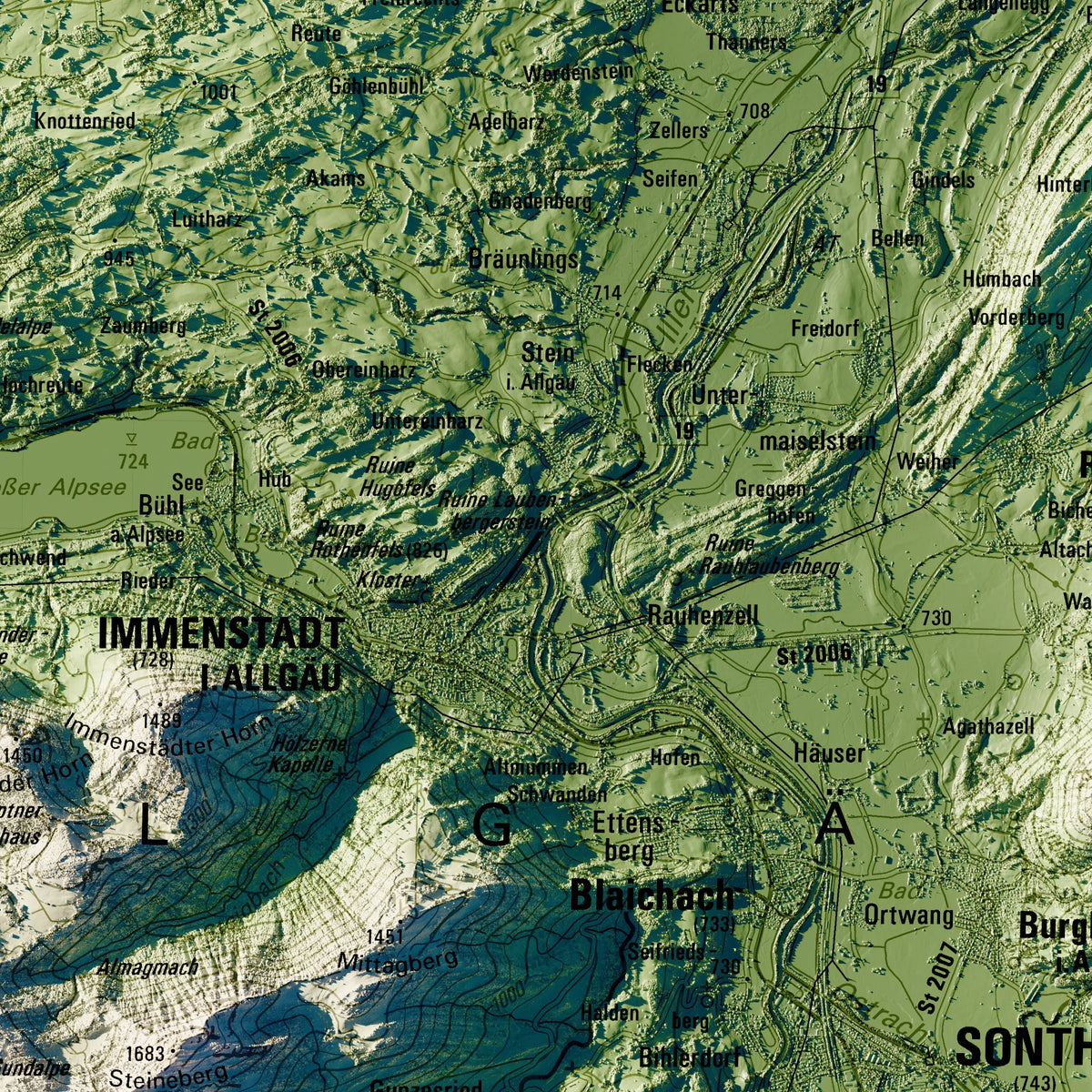 Landkreis Oberallgäu Poster, Detailansicht der Reliefkarte in der Farbvariante Salbei #c1