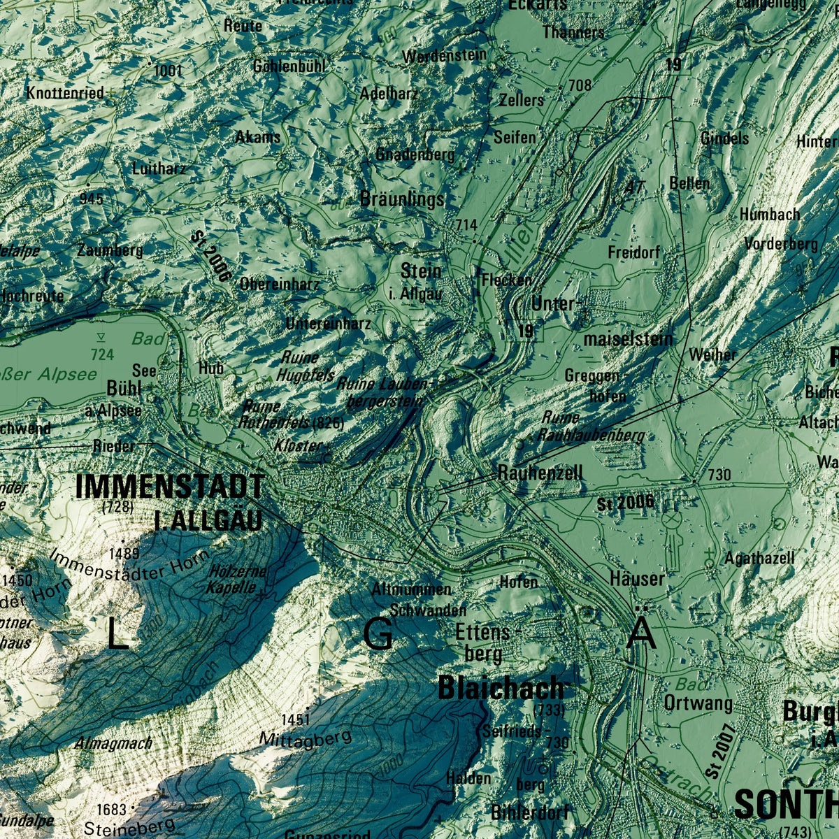 Landkreis Oberallgäu Poster, Detailansicht der Reliefkarte in der Farbvariante Petrol #c2