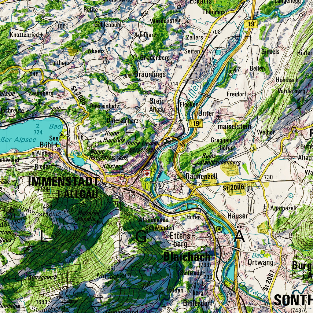Landkreis Oberallgäu Poster, Detailansicht der Reliefkarte in der Farbvariante Topographisch #dtk